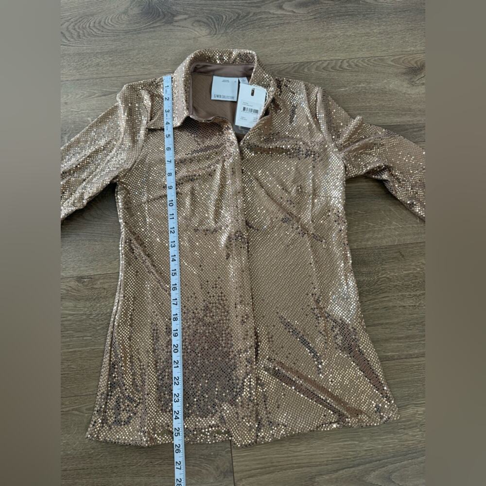 NWT C/Meo Collective After Dark Rose Gold Button Down Shirt Shiny Sparkly Sz XS - Picture 9 of 10